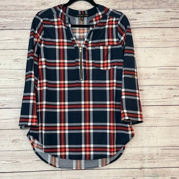 Always Indigo Half Zip Plaid Blouse XL - Picture 6 of 10